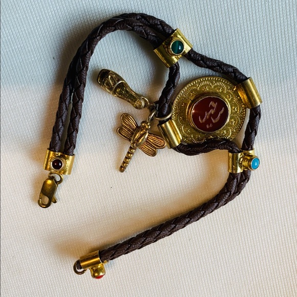 Brown rope & gold tone real silver bracelet with semi-precious stones dragonfly - Picture 6 of 11